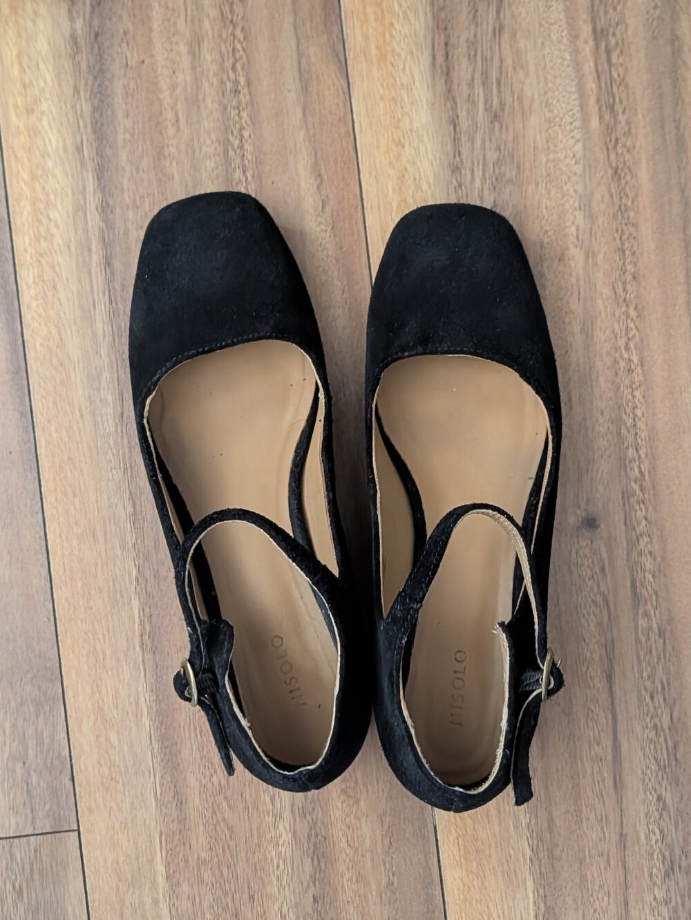 Nisolo Black Suede Mary Jane Heels with Ankle Strap